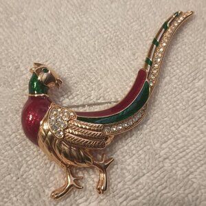 Vintage Swarovski SAL pheasant bird Enamel and Rhinestone crystal gold tone bro.